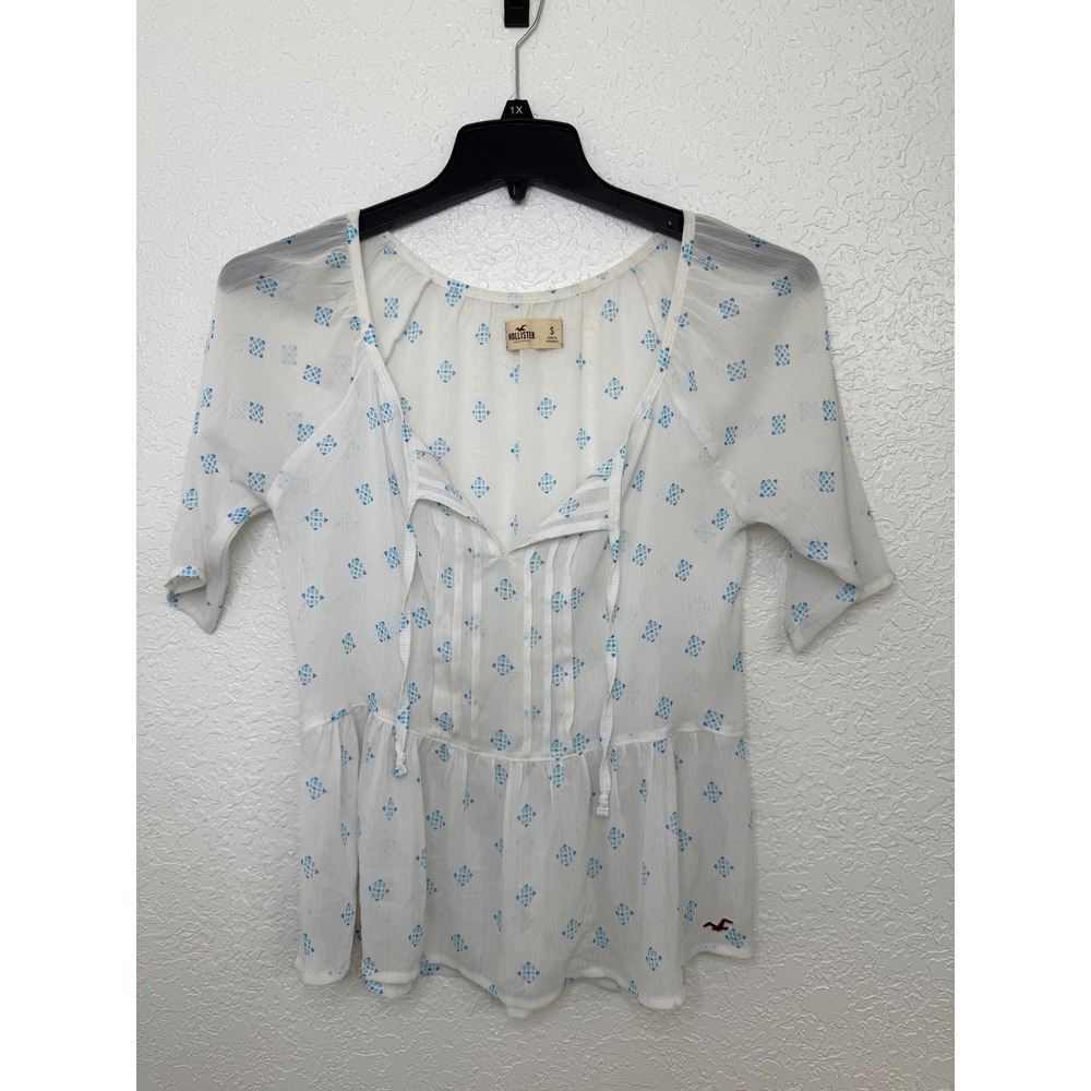 Hollister Womens White Blue Floral Peasant Blouse Shirt Top Size S